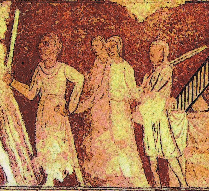 Représentation du duc d'Antioche fait prisonnier après la bataille de Harim; aquarelle de 1871 reproduisant les fresques de la chapelle templière de Cressac